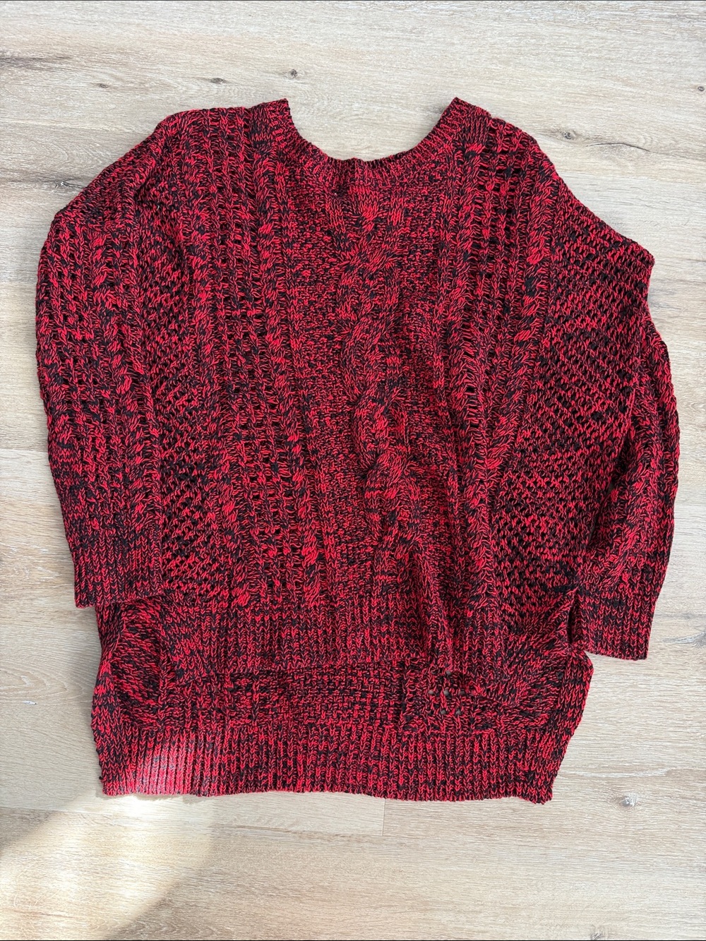 Express Red & Black Marled Cable Crew Sweater